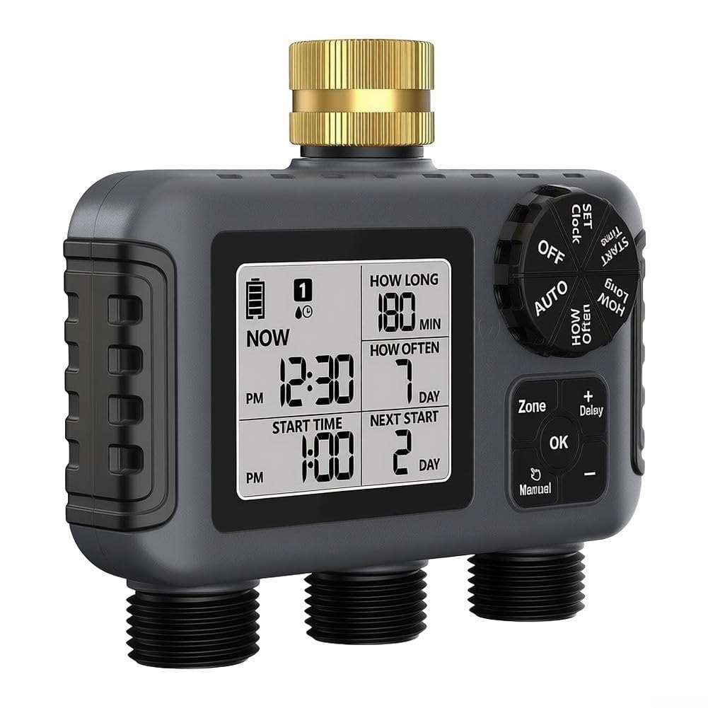 Minhe Timer intelligente per l'acqua a 3 uscite, struttura in ottone, regolatore automatico di irrigazione modalità ritardo pioggia display LCD trasparente per irrigazione giardino prato grigio