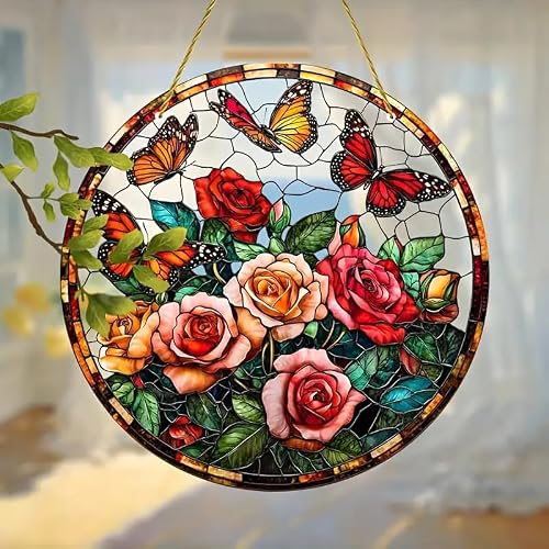Yeyert Multi-Colored Blooming Roses Butterfly Stained Windows Hanging Suncatcher,Flower Stained Glass Suncatchers Window Ornament Stained Glass Panel Sun Catcher Wall Hanging Decor Birthday Gifts