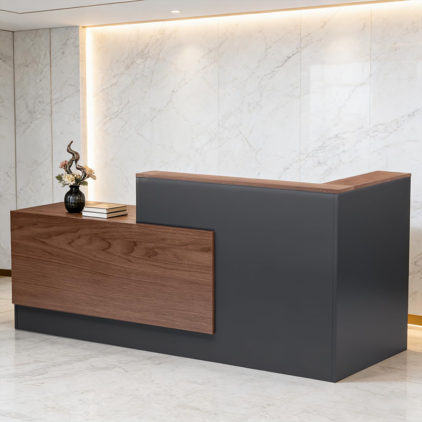 L-Shaped Modern Large Wooden Commercial Reception Desk with Counter & Shelves, Front Reception Desk Counter Table with Storage, Drawers for Offices,