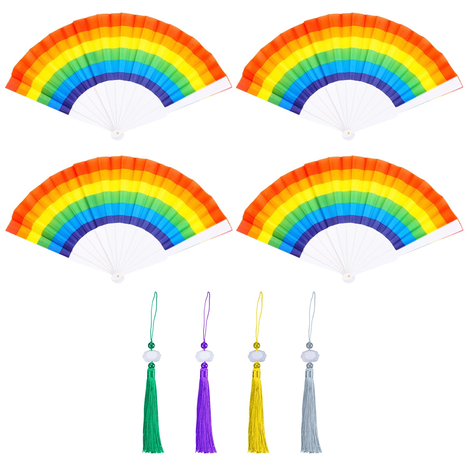 4 Pièces Ventilateur Pliante Arc-en-Ciel Et 4 Morceaux De Longe De Glands, Ventilateur Décoratif Créatif, Fournitures De Fête De Fierté, Adaptées Aux Défilés, Carnaval, Jeux De Rôle.