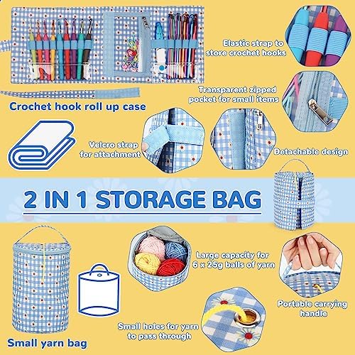 Aeelike Crochet Kits for Beginners Adults with Yarn, Children Crochet Starter Kit Include 2-8 mm Ergonomic Metal Crochet Hooks and 2 IN 1 Portable Storage Roll Bag, Crochet Set Kit for Adults Advanced