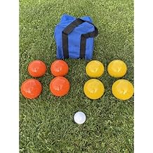 قائمة BuyBocceBalls - صنع في الولايات المتحدة الأمريكية، مجموعة GLO Bocce الرسمية عالية الجودة للبطولة - حقيبة كرات صفراء وبرتقالية مرقطة بالنيون مقاس 110 مم؛ كرات الحجم التنظيمي 998 جرام 2 رطل. 3.2 أونصة