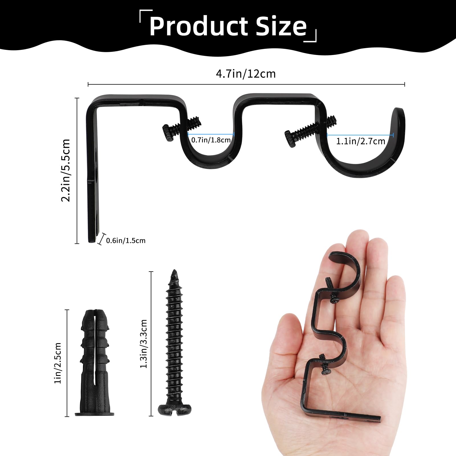 6 Pack Double Curtain Rod Brackets,Heavy Duty Adjustable Curtain Rod Holders for Wall, Fits 1