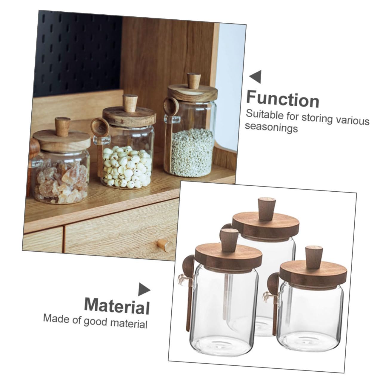 Gewürzbehälter 3 Stück aus Glas mit Holzdeckel und Löffel Luftdicht | Inhalt 850/550/400ml, Drei Größen, für Küche, Restaurant, Platzsparend, Schlichtes, Modernes Design