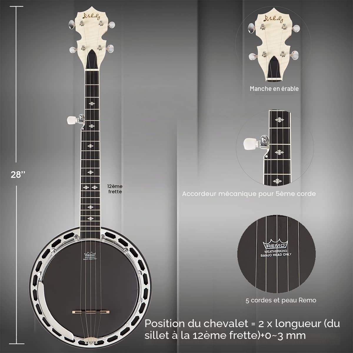 Mulucky Mini Banjo 5 Cordes 71,1 cm Tête Remo Résonateur 5ème Accordeur Engrenage Kit Démarrage Sangle Clé Règle Média