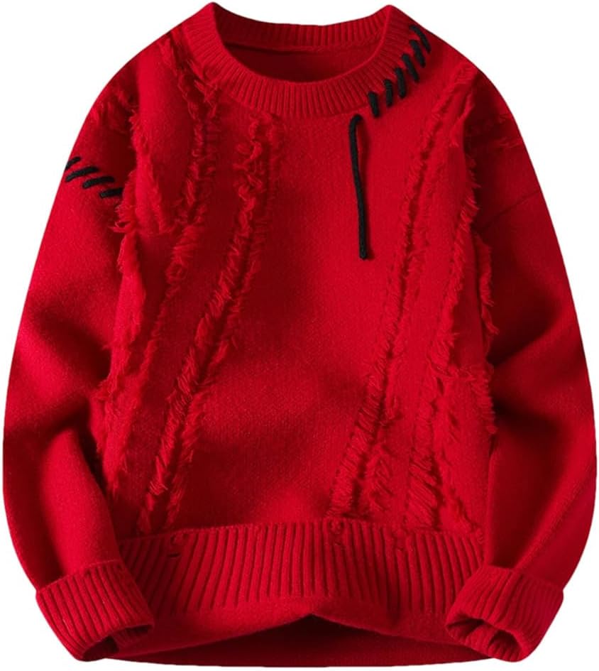 Men's Round Neck Color Blocked Tassel Patchwork Knitted Sweater Solid Color Casual Loose Pullover Sweater