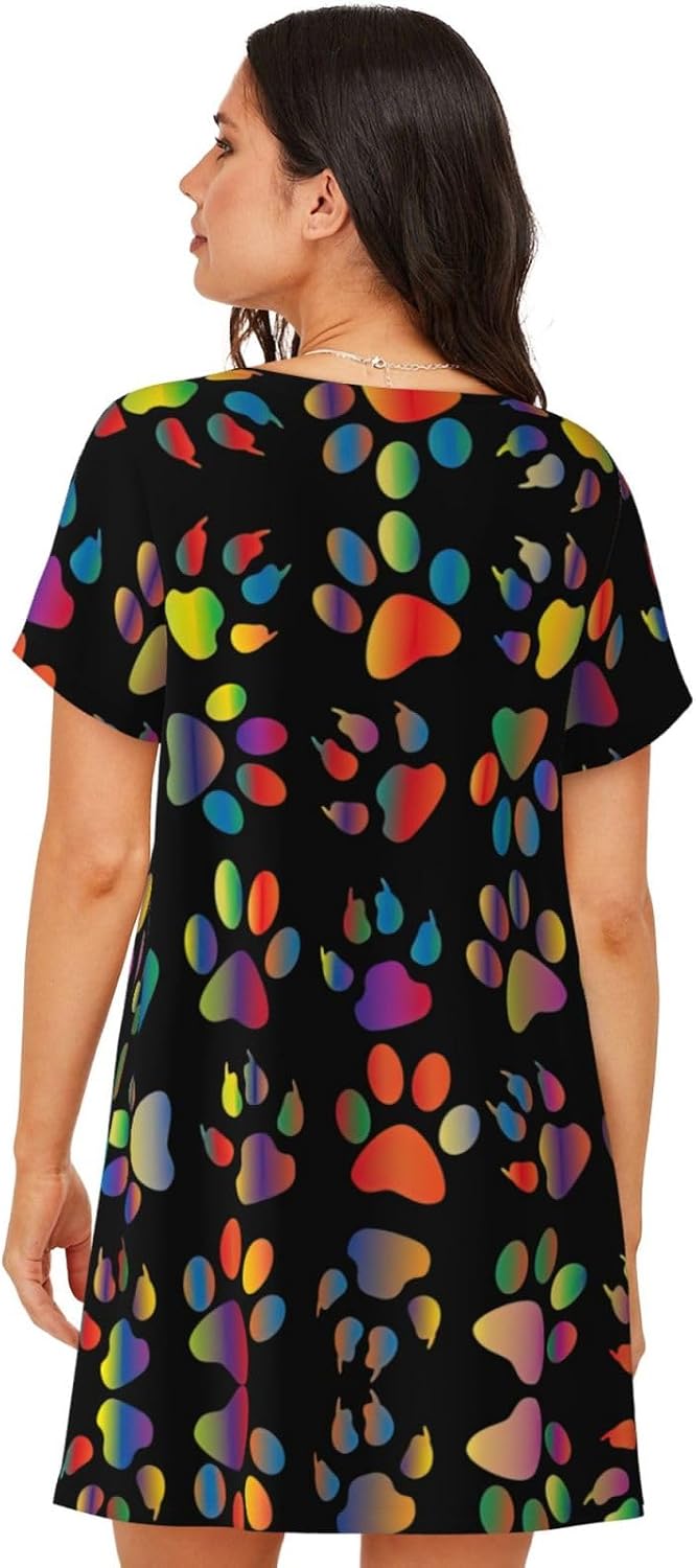 Colorful Dog Paw Print Soft Women'S Sleepwear,Comfy Short Sleeve Nightgown, Perfect For Relaxing At Home And Sleeping