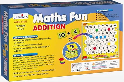 Image of Creative's Maths Fun Addition, 5-in-1 Maths Board Game, 60 Counters 4 Colours, 2 Sets 0-10 Play Cards, Five Addition Card Games Board Game, Build Addition Skills Ages 5+
