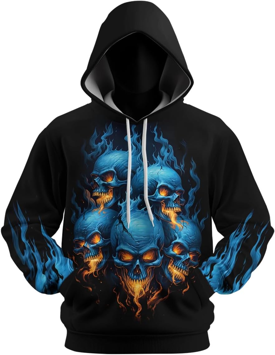 Men's Casual Skull Hoodies Sweatshirt Vintage Graphic Pullover Long Sleeve with Pocket - Image 3