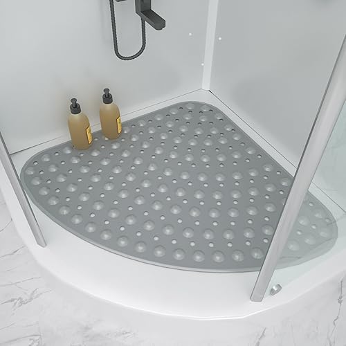 MUNEK Tapete de ducha esquinero antideslizante, 21 x 21 pulgadas, curvado para ducha o bañera, tapete de seguridad con orificio de drenaje, tapete