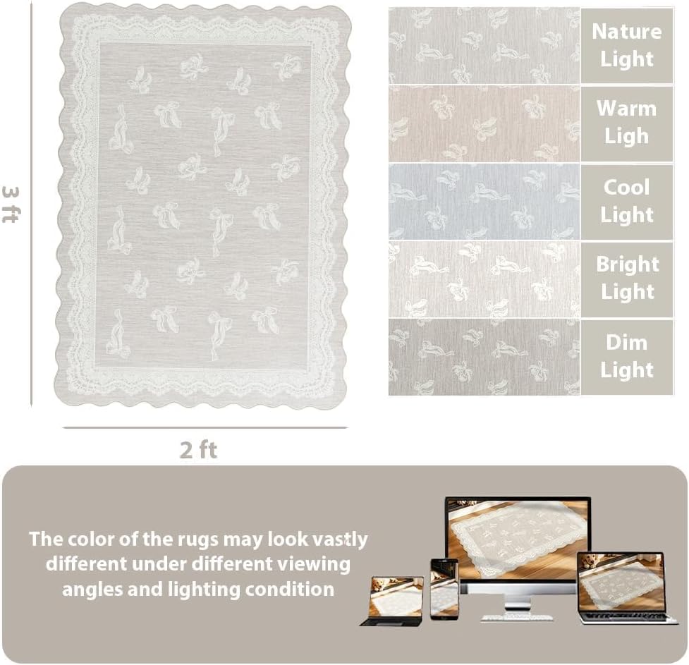 ORTIGIA Washable Scalloped Entry Rug 2x3, Non-Slip Low Pile Greige Bathroom Mat, Neutral Grey Beige Bow Door Mat for Entryway Dorm Nursery Hallway Indoor