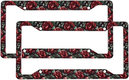 2 marcos de matrícula de automóvil para mujeres y hombres, cubierta de aluminio sólido con estampado de rosas rojas vintage para accesorios de