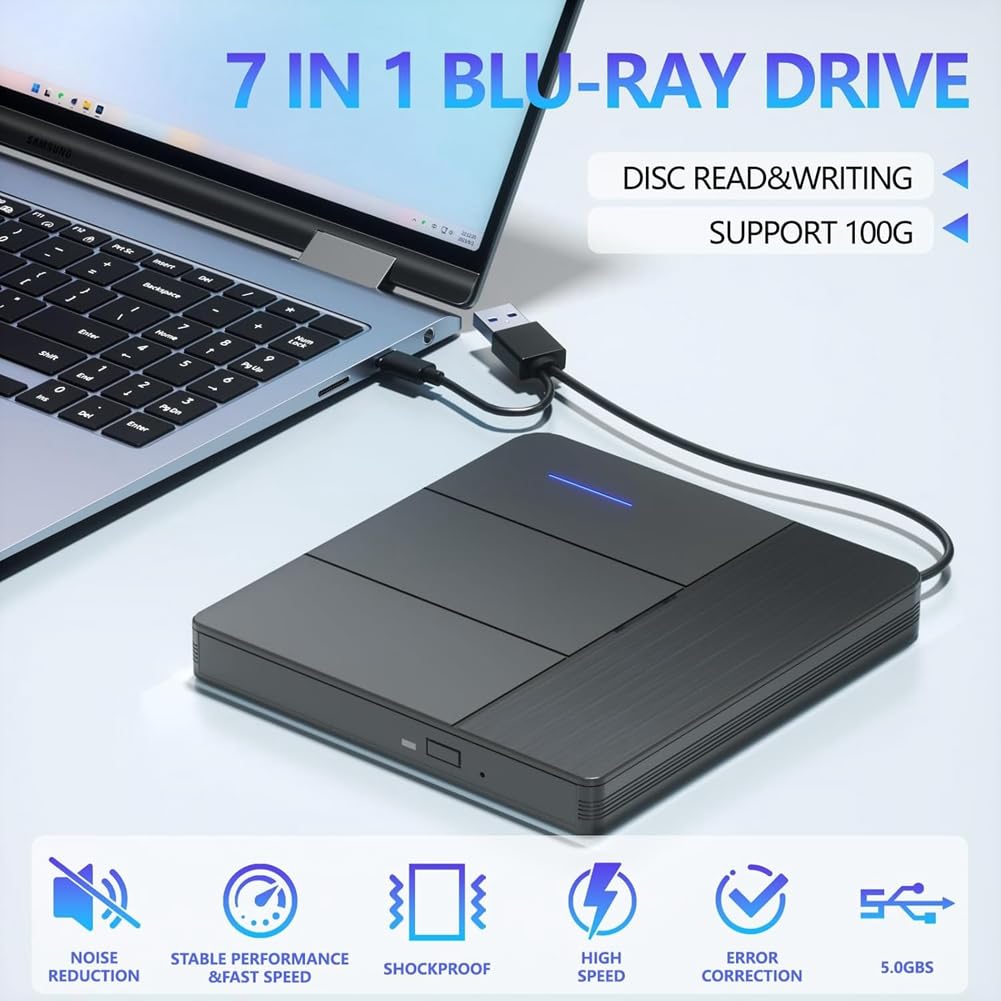 Lecteur Blu-Ray Externe 7 en 1, Compatible avec Les Disques R/W, BD, DVD, CD, Graveur Portable, USB 3.0, Emplacement pour Carte SD/TF