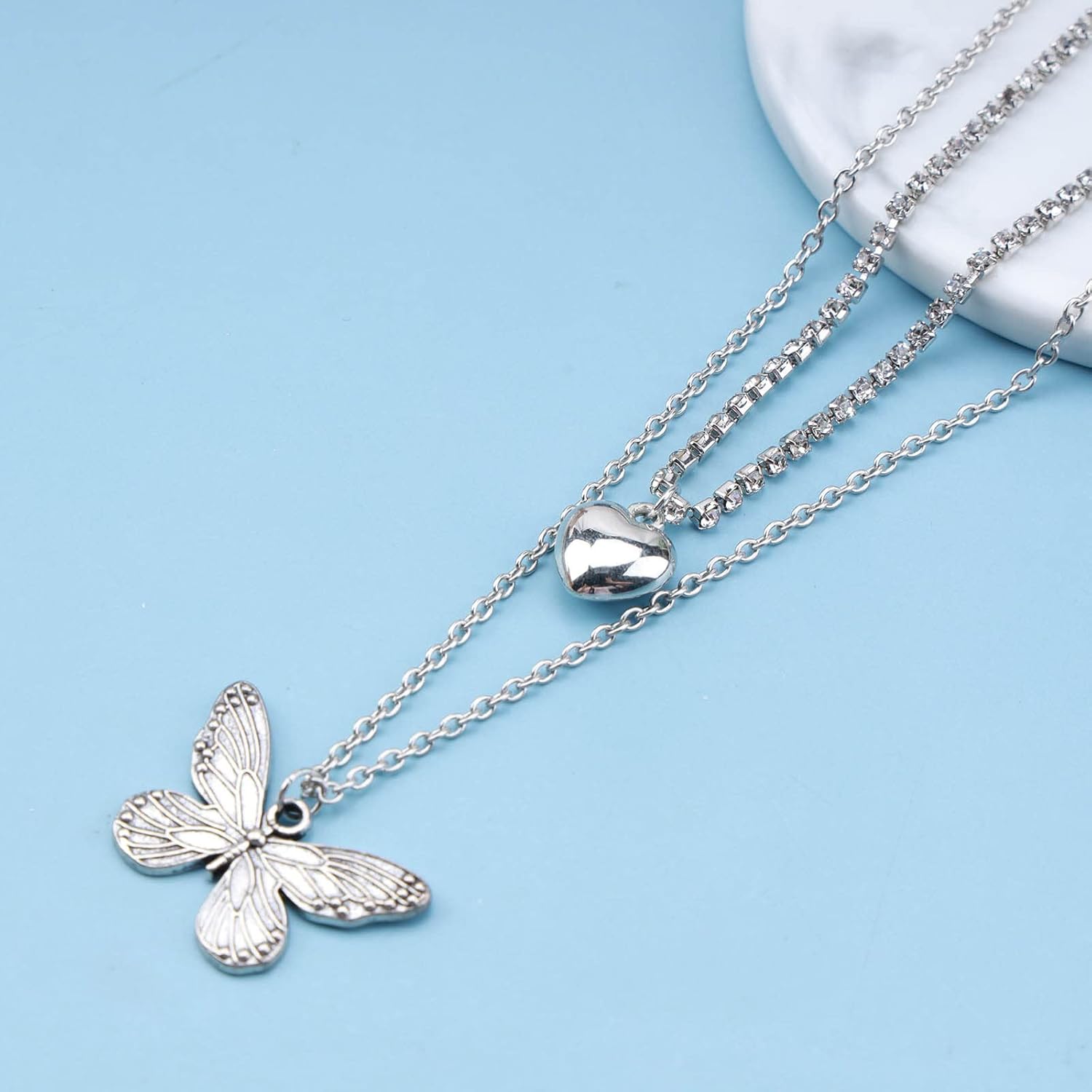 Andelaisi Boho Layered Butterfly Necklace Choker Silver Tennis Chain Choker Necklace Vintage Puffed Heart Pendant Necklace Sparkly Cz Rhinestone Chain Necklace Choker for Women - Image 4