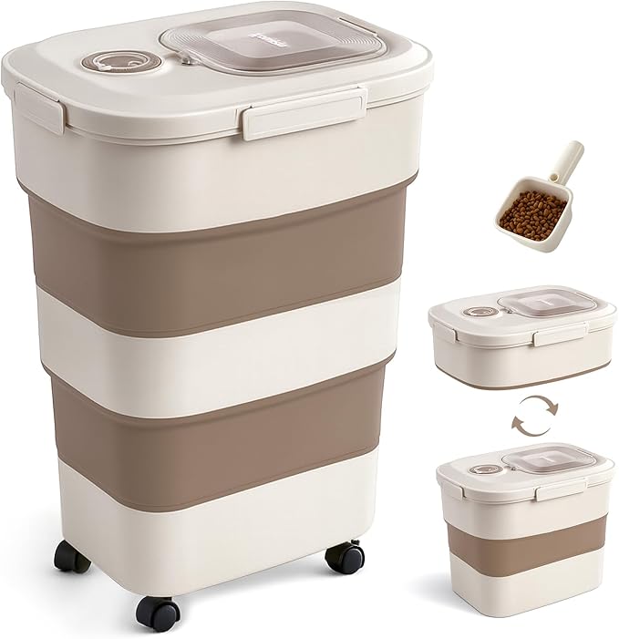 40-50lbs Dog Food Storage Container, Large Capacity Collapsible Airtight Pet Food Storage Containers with Rolling Wheels, Transparent Lid, Scoop and Date Track, Khaki