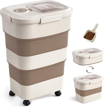 ZOMISIA 40-50lbs Dog Food Storage Container, Large Capacity Collapsible Airtight Pet Food Storage Containers with Rolling Wheels, Transparent Lid, Scoop and Date Track, Brown