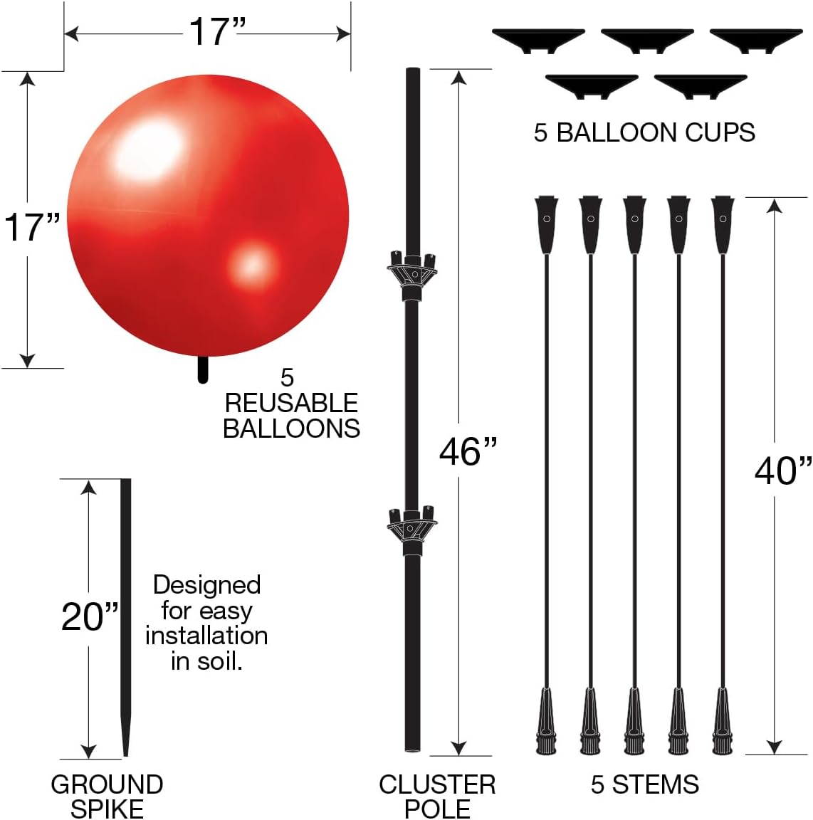 Reusable Outdoor Balloon Clusters - Helium Free, All-Weather, Durable, Plastic Balloons for Advertising, Real Estate, Grand Openings & Events (Red, Yellow, Blue, Green, Orange)