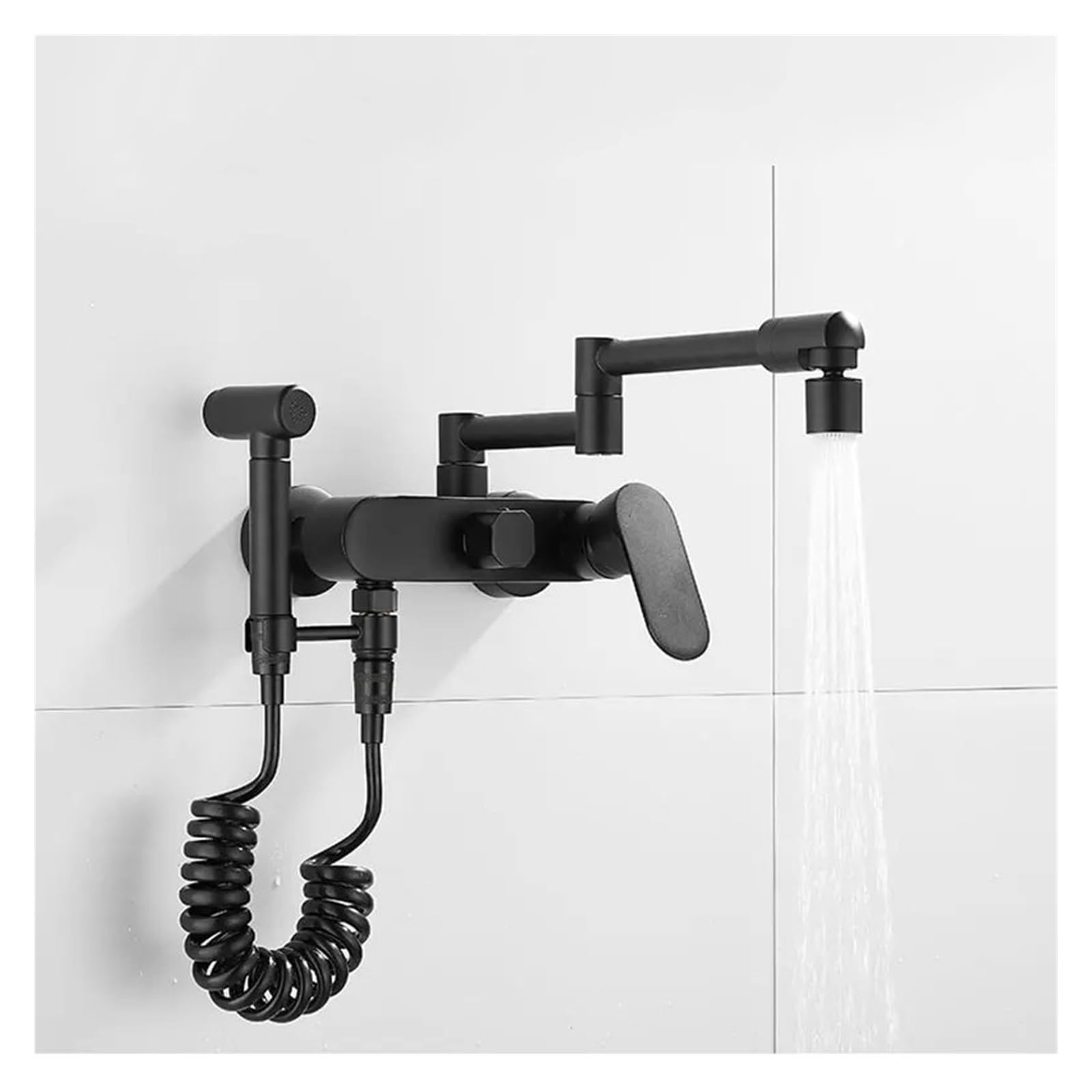 Miscelatore Monoforo in Ottone A Parete, con Beccuccio Lungo Pieghevole Nero, Estraibile, con Spruzzatore A Molla, Doppio Beccuccio,Black