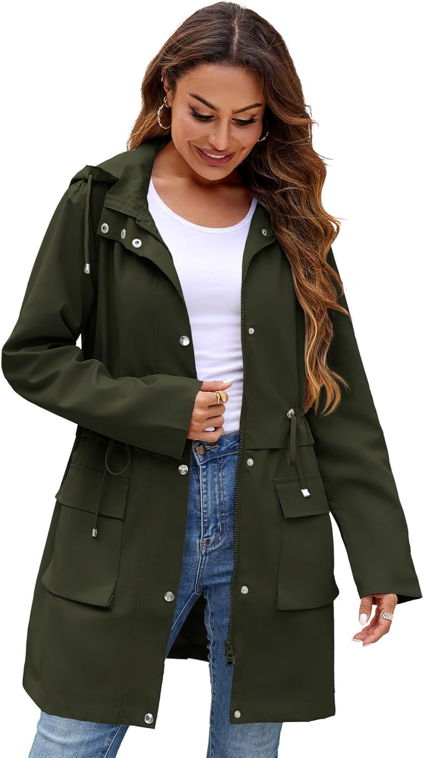 Womens Rain Jacket with Hood, Long Rain Coat for Women Waterproof Trench Coat Lined Windbreaker Fall Jacket - Image 2