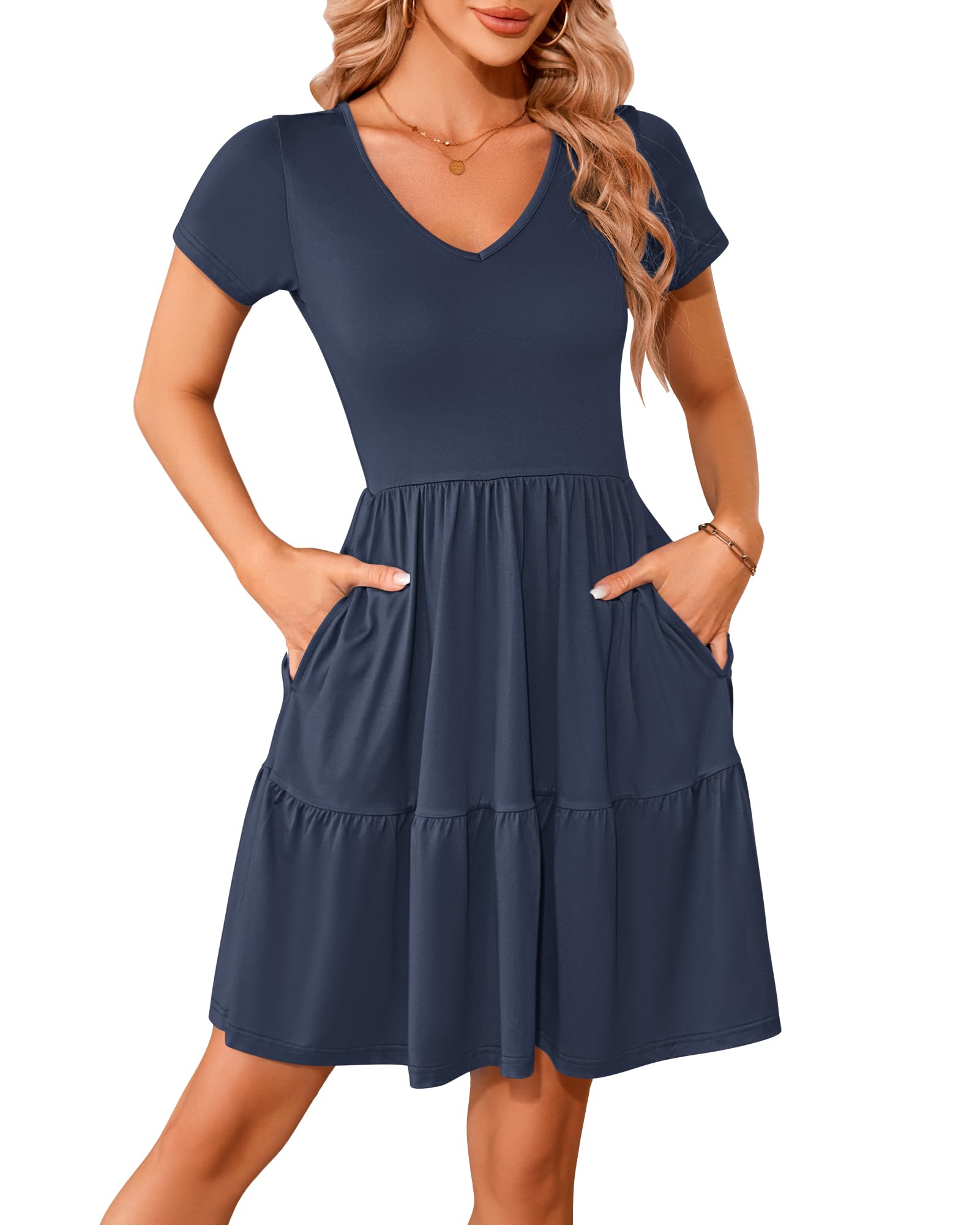 WNEEDU Abito Estivo da Donna con Scollo a V da Spiaggia, Festa Elegante, Casual a Maniche Corte A-Line con Tasche