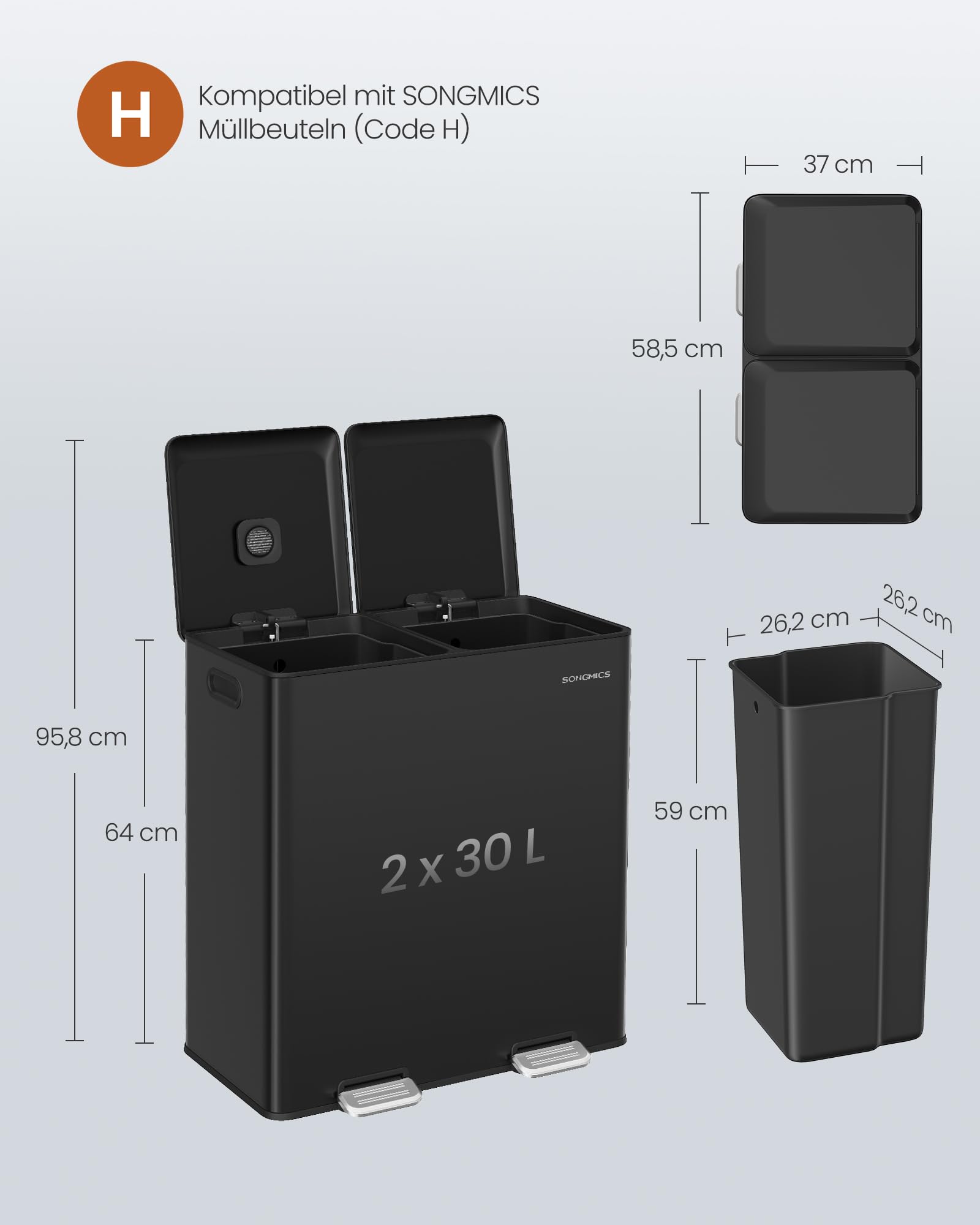 SONGMICS Mülleimer Küche, 2 x 30 L, 2 Fächer, Mülltrennsystem, Softclose, herausnehmbare Inneneimer, Pedalen, Stahl, tintenschwarz LTB743B02