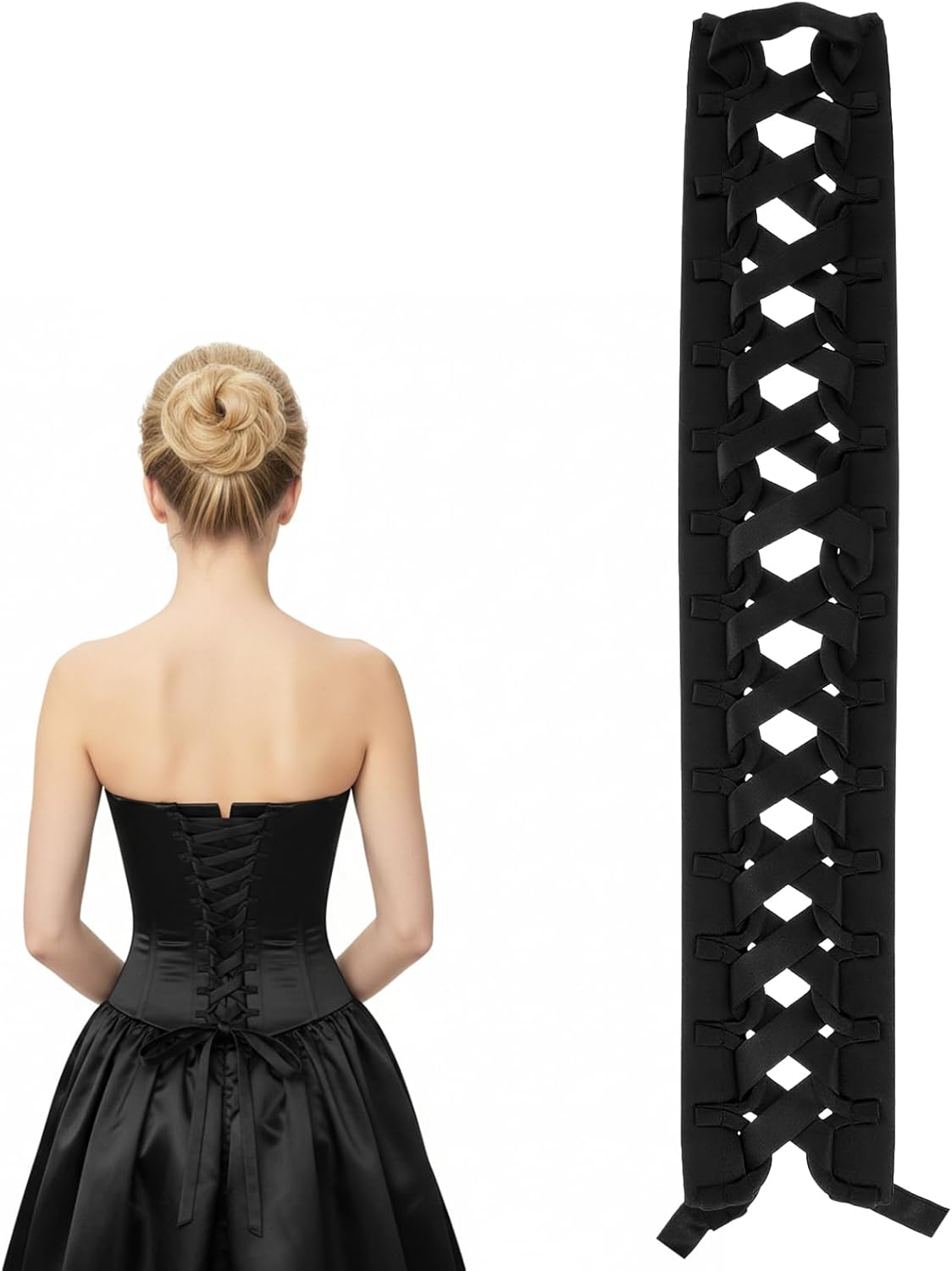 3Pcs Adjustable Satin Corset Back Kit, Lace Up Corsets Kit, Zipper To Corset Lace Up Conversion, Zipper Extender For Tight Dress Prom Dress(Black)