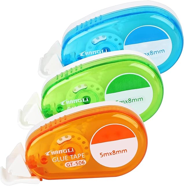 Glue Roller, 3Pcs Adhesive Glue Tape, 5m x 8mm Double Sided Tape Dispenser Transparent for For Crafting,Card Making,Photo,Bullet Journal and Scrapbooking(Multicolor)