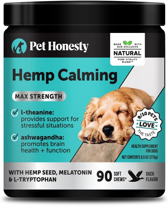 Natural Hemp Calming Chews for Dogs Maximum Strength - Hemp &amp; Melatonin for Occasional Anxiousness - Calming Aid Supplement with Valerian Root - Stress, Separation &amp; Thunder Support - (Duck 90