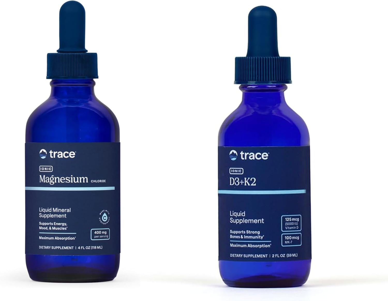 Trace Minerals Liquid Magnesium for Body Functions and Liquid Vitamin D3 + K2 Drops for Bone and Immune Support — 32 Servings.