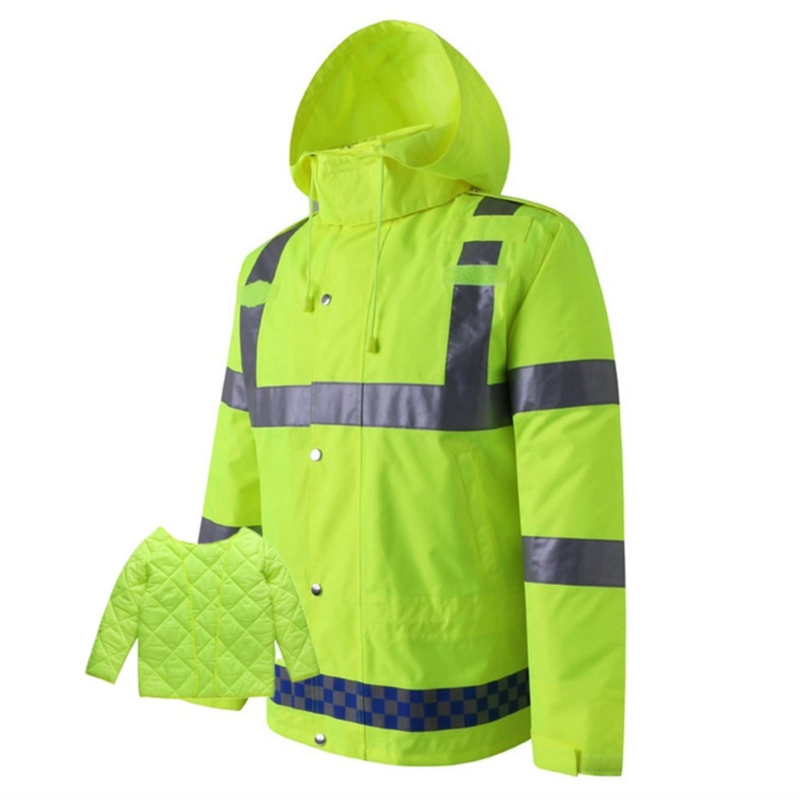 QIULAO Chaqueta Bomber Reflectante De Alta Visibilidad, Chubasquero Impermeable for Hombres Ropa De Trabajo De Seguridad, Calor Acolchado, Forro Y Capucha Extraíbles, Chaqueta De Advertencia Amarilla