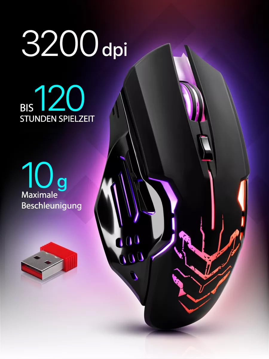 Defender® Katana - Ratón inalámbrico para gaming, clics silenciosos, 5 botones programables, iluminación RGB (on/off), hasta 240 horas de duración de la batería - Ratón inalámbrico gamer para PC, Mac,