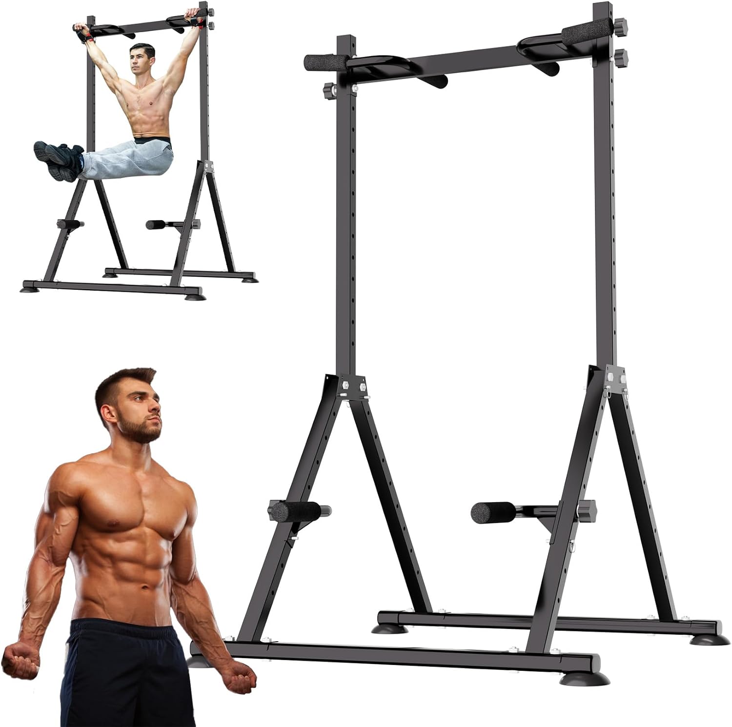 Tappio Folding Power Tower Dip Station Pull Up Bar, Multifunctional Pull Up Tower Adjustable Height, Triangular Structure Strength Training Workout Equipment for Home Gym Fitness