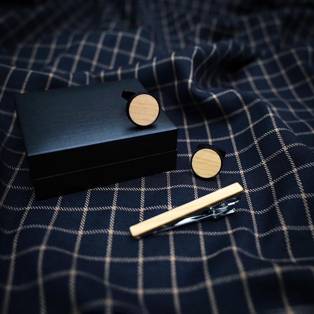 Wooden Round Cufflinks French Style Men's Sleeve Studs Personalized Pattern Tie Clip set