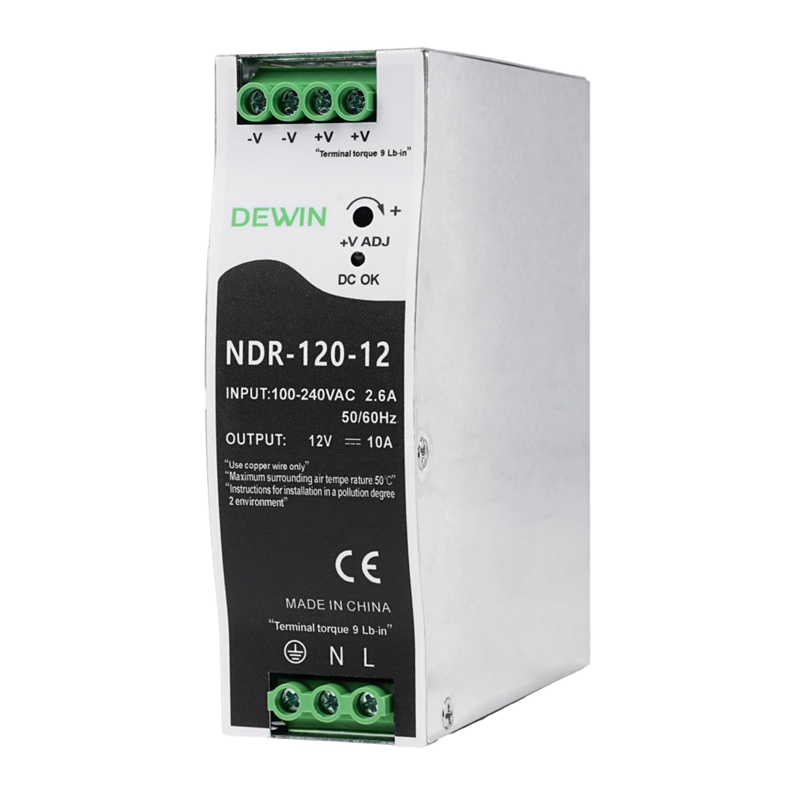 DEWIN Fuente de alimentación de carril DIN, 120W DC 12V 10A DIN rail fuente de alimentación de carril DIN