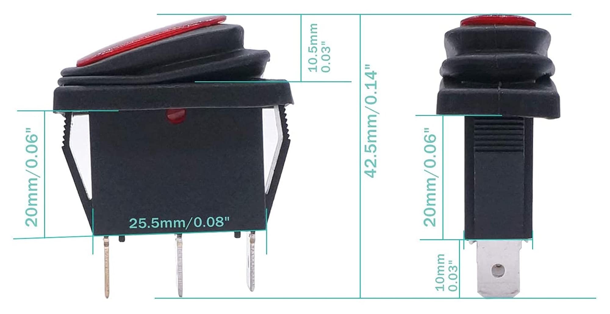 2 interruptores de palanca basculante de CA impermeables de 12 V con luz roja para coche, SPST de 3 pines, 2 posiciones, KCD3-101NW-I/O