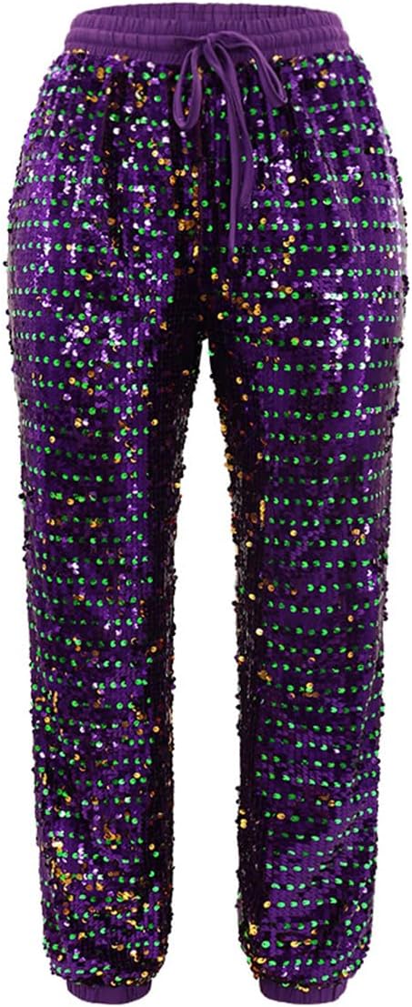 Aelidiya Women's Glitter Sequin Long Pants Bling Party Clubwear Elastic Drawstring Casual Trousers