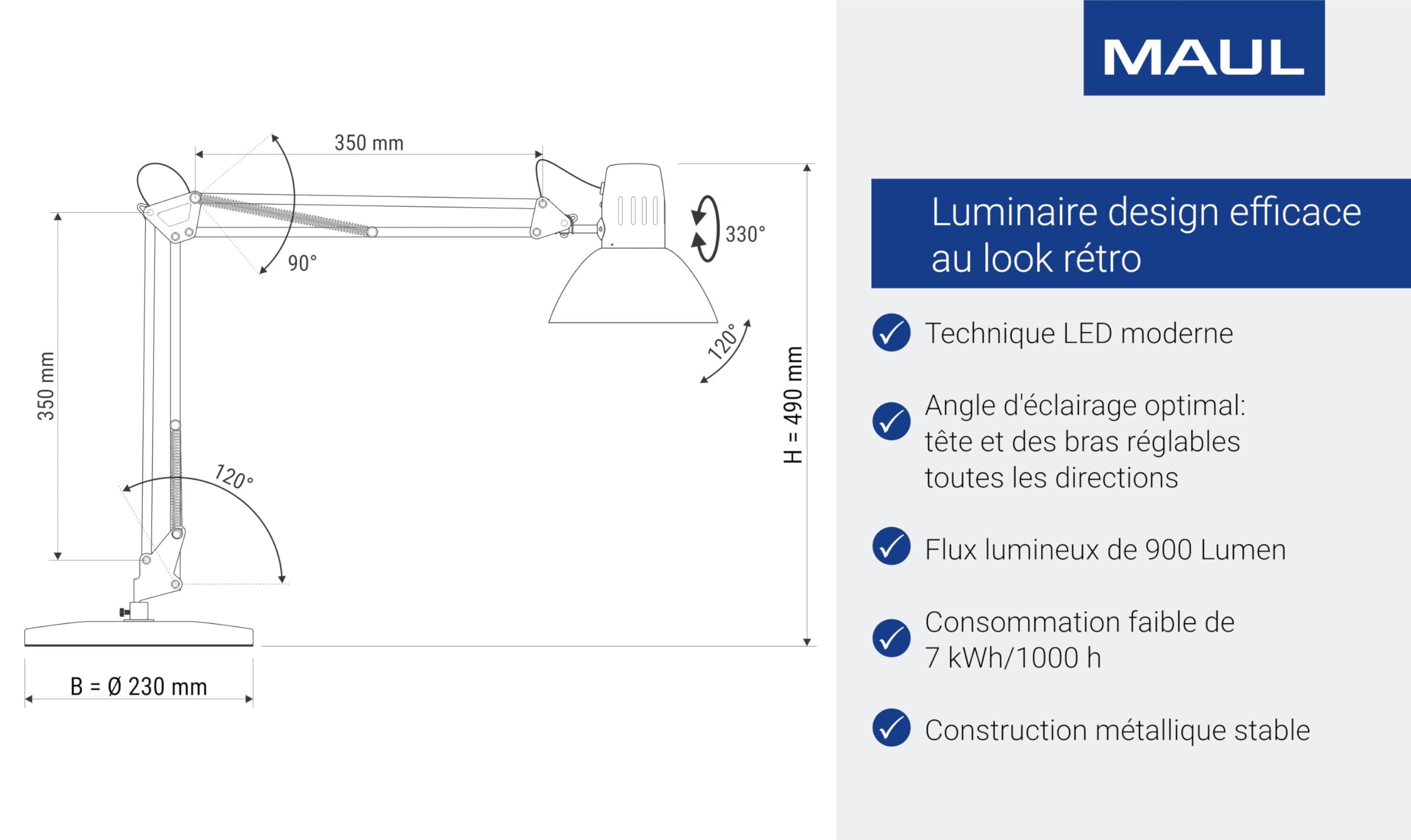 MAUL Lampe de bureau MAULstudy LED E27 blanc articulé | éclairage chaleureux, bras double flexible, socle lourd anti-bascule, ampoule remplaçable, métal robuste