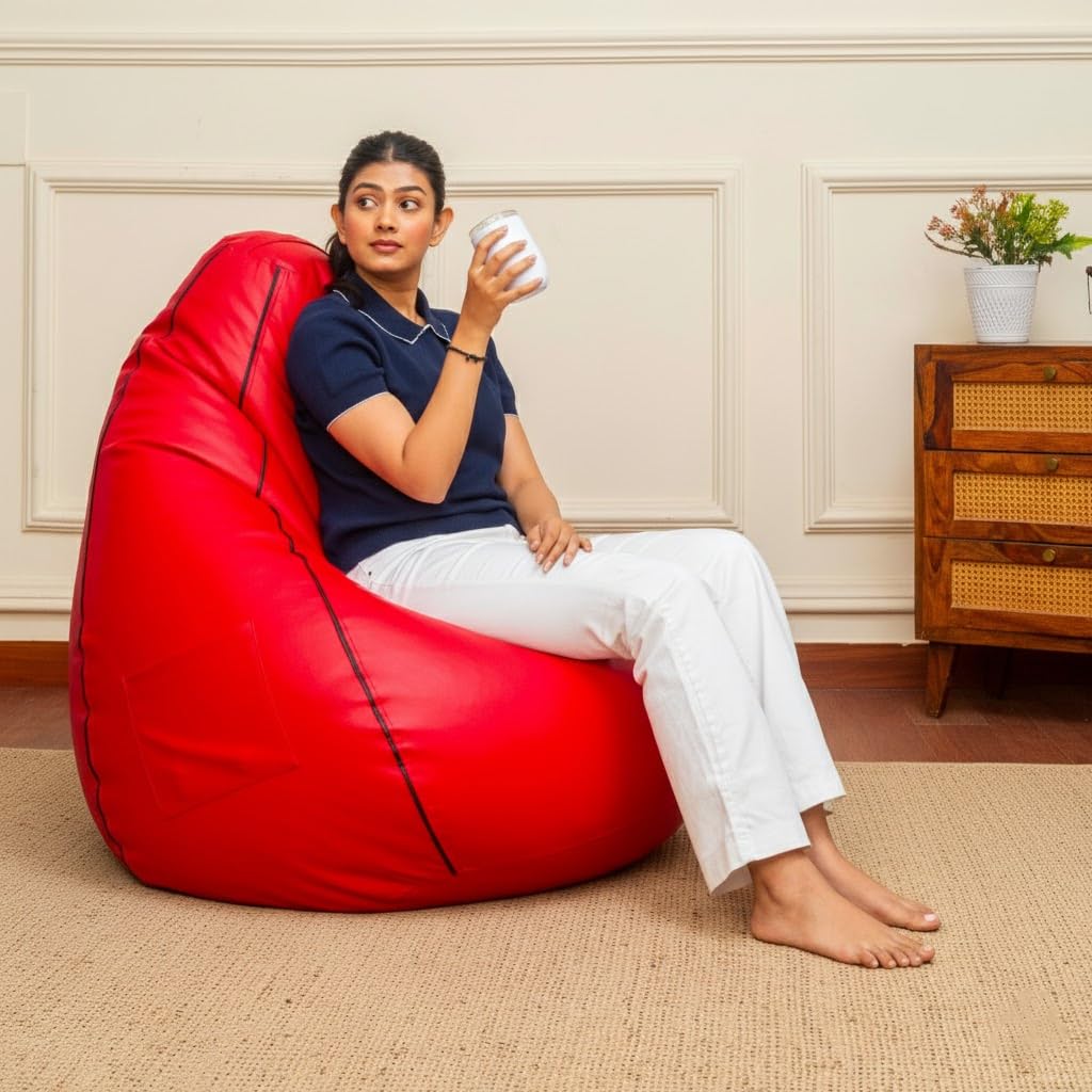 Sattva Classic Piping XXXL Bean Bag with Pocket Filled with Beans | Faux Leather Teardrop Bean Bag for Adults & Teens |