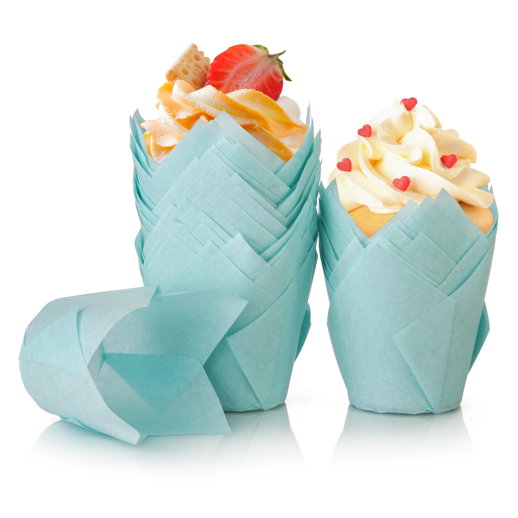 Spesh 100 sztuk papierowych foremek do muffinek w kształcie tulipanów, babeczek, tulipanów, jednorazowych kubków do pieczenia, na wesela, urodziny, Wielkanoc, spotkania rodzinne (niebieskie)