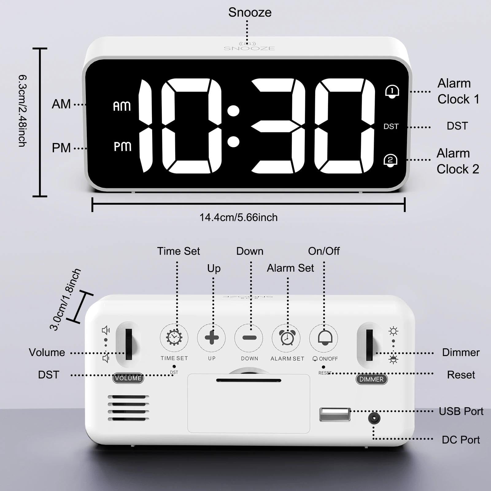 Sveglia da Comodino, Sveglia Digitale con Led Numeri Grandi, 0-100% Dimmer, 90-120 dB Volume, 2 Allarme, 12/24H, Snooze, Porta di Ricarica USB (Adapter Incluse), Bianco