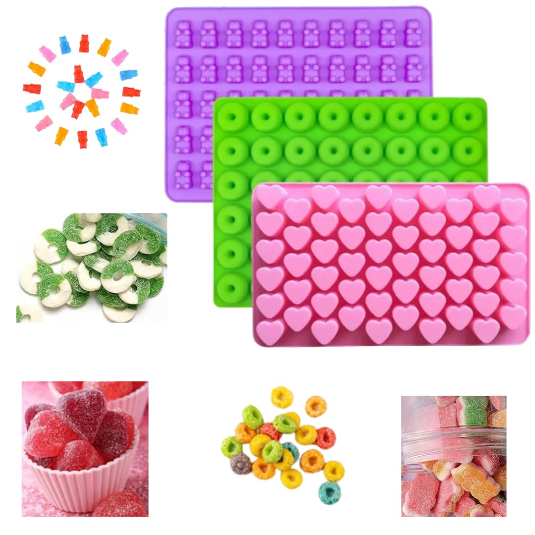 Pack of 3 Mini Heart, Donut and Bear Silicone Mould for Chocolate Candy, Gummies, Fruit Snack, Fudge, Ice Cubes Jelly Hard Candy Frozen Yougurt