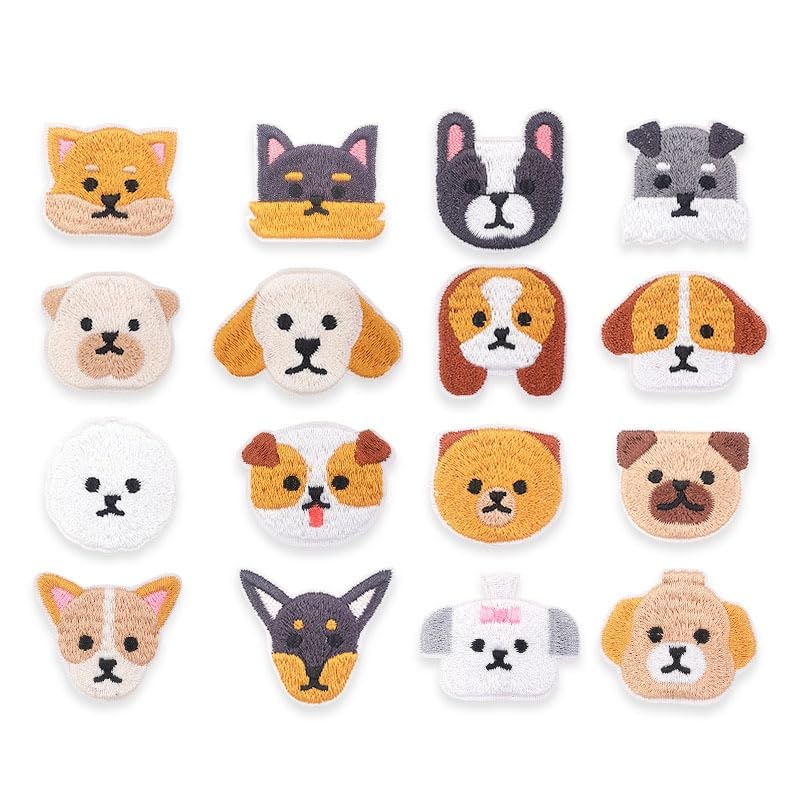 可愛い刺繍布貼り補修布貼り【16個入】粘着テープ付きキャラクター犬ステッカータイプ貼付シート洗濯アイロン付き布子供服/ジャケット/ランドセル/靴/帽子などのDIY装飾パッチ貼り破れた服の補修穴