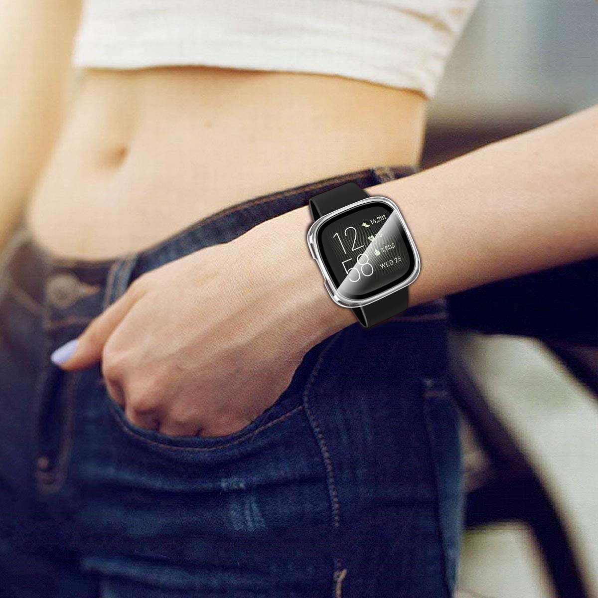 iVoler 3 szt. etui ze szkła hartowanego do Fitbit Versa 2, pełne zakrycie twardy futerał PC, HD przezroczysta folia ochronna przeciw zarysowaniom, 2 przezroczyste + 1 czarny