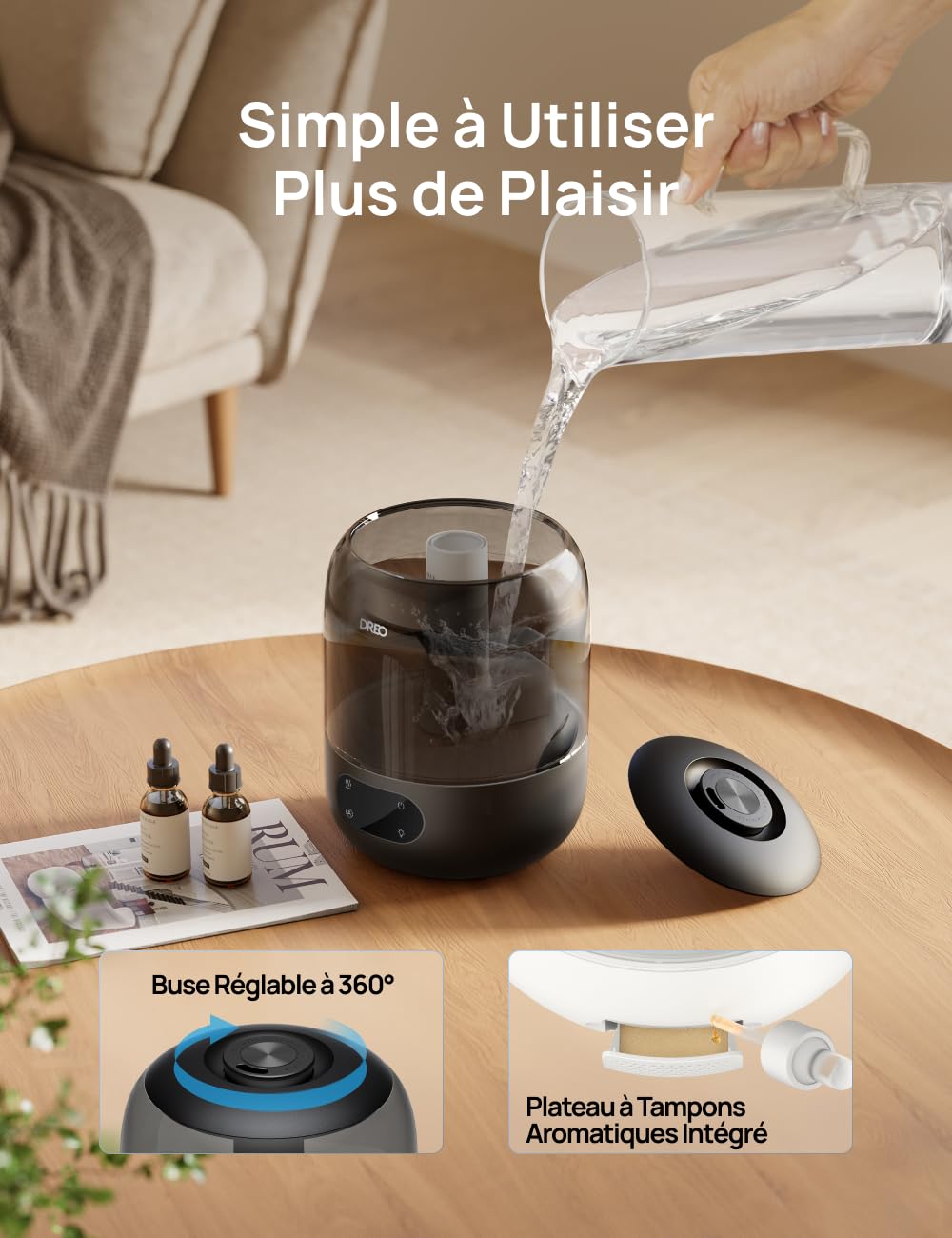 Dreo 3L Humidificateur Bébé Silencieux 26dB avec Capteur d’Humidité, Brume Fraîche Ultrasonique, Buse 360°, 30H Autonomie, Diffuseur d’Huiles Essentielles, Lumière d’Ambiance, pour Plantes, Noir