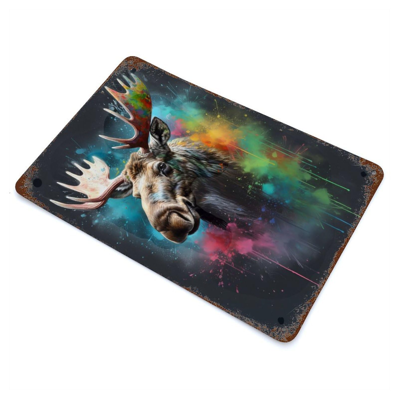 Garage Style Moose Painting Rust Effect Tin Sign 11.8"x7.9", Industrial Home Decor for Bar And Workshop