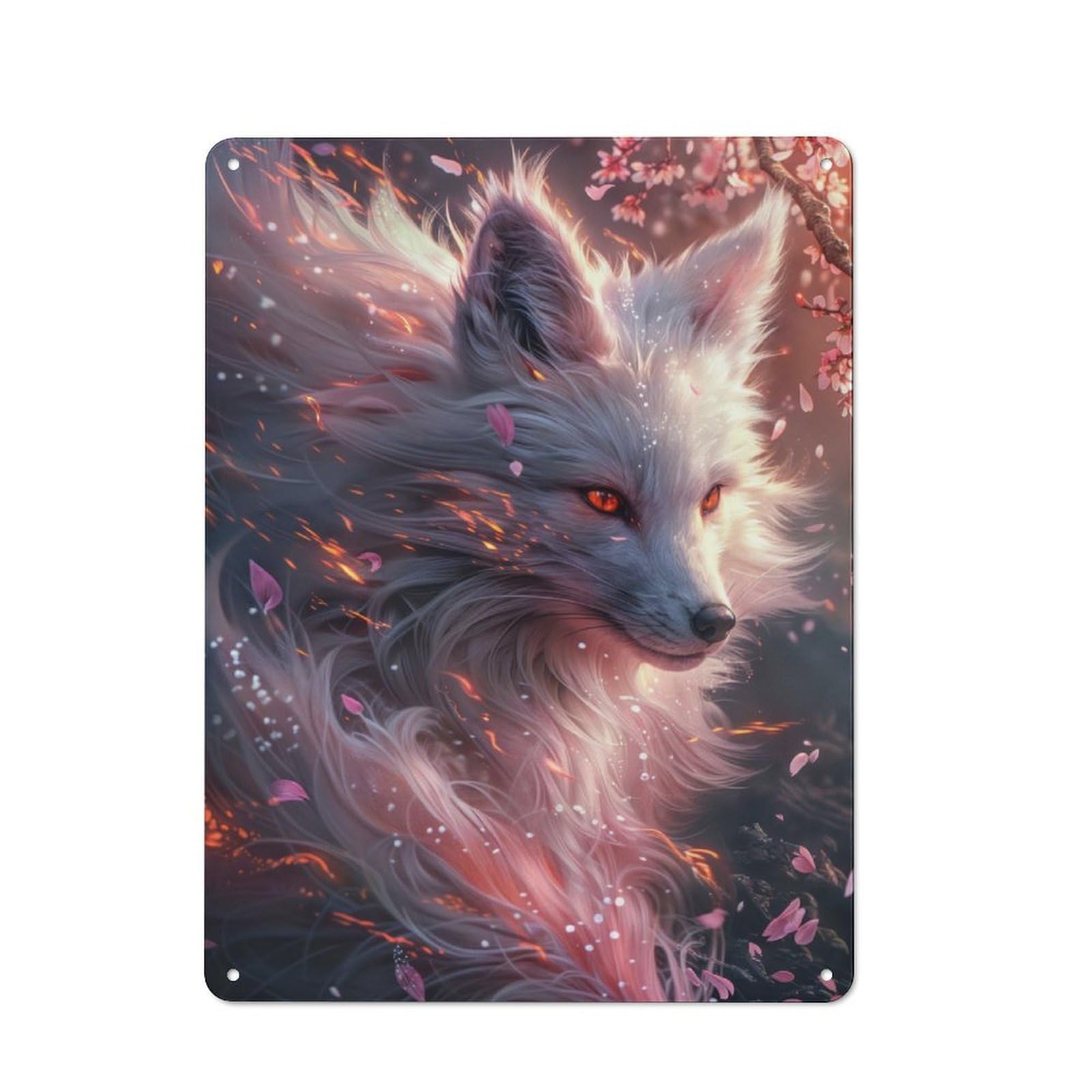 White Kitsune Fox Head Workshop Style Metal Wall Decor 40x30cm, Decorative Metal Plaque for Garage, Workshop, Shed Or Utility Room