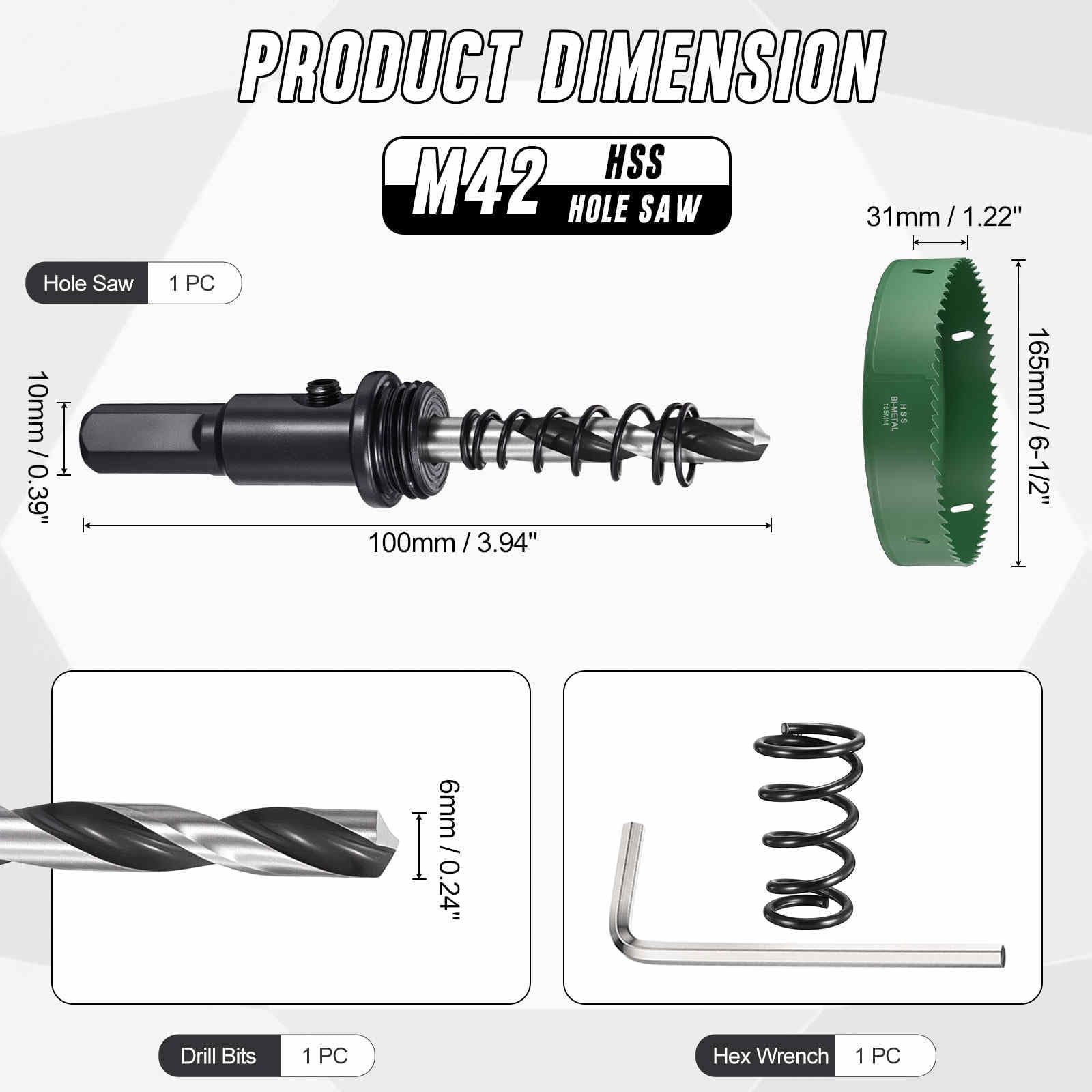CoCud 6-1/2"(165mm) Hole Saw, M42 Bi-Metal Hex Shank Hole Cutters Drill Bit with Spring - Image 2