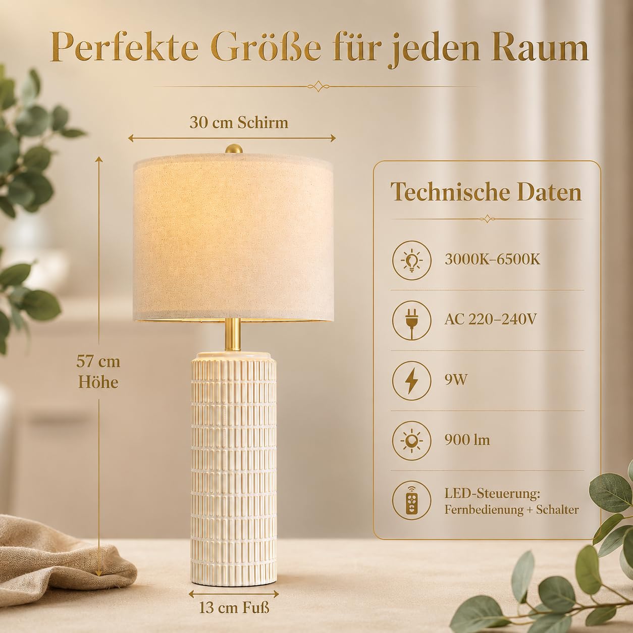 2er Set Tischlampen mit Keramikfuß Leinenschirm, H57cm LED Nachttischlampe mit Timer Speicher Dimmbar 3 Farbtemperaturen, Tischleuchte für Schlafzimmer Wohnzimmer Büro Lese(Inkl. E27-Birnen)