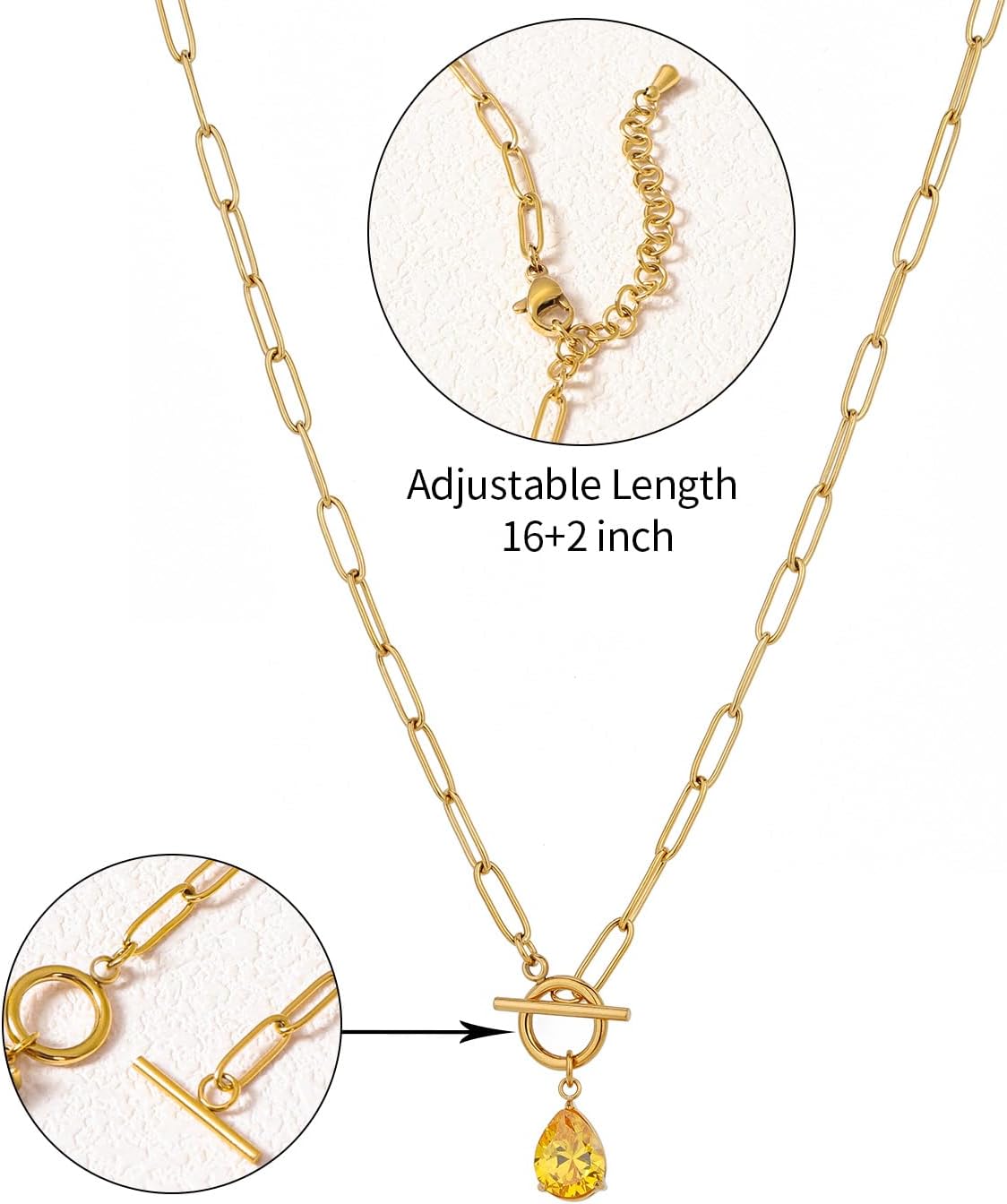 Paperclip Toggle Necklace 18K Gold Plating 8 * 10mm Teardrop Cut CZ Birthstone Pendant Paper Clip Chain Necklace Gemstone Crystal Jewelry Gift for Women - Image 2