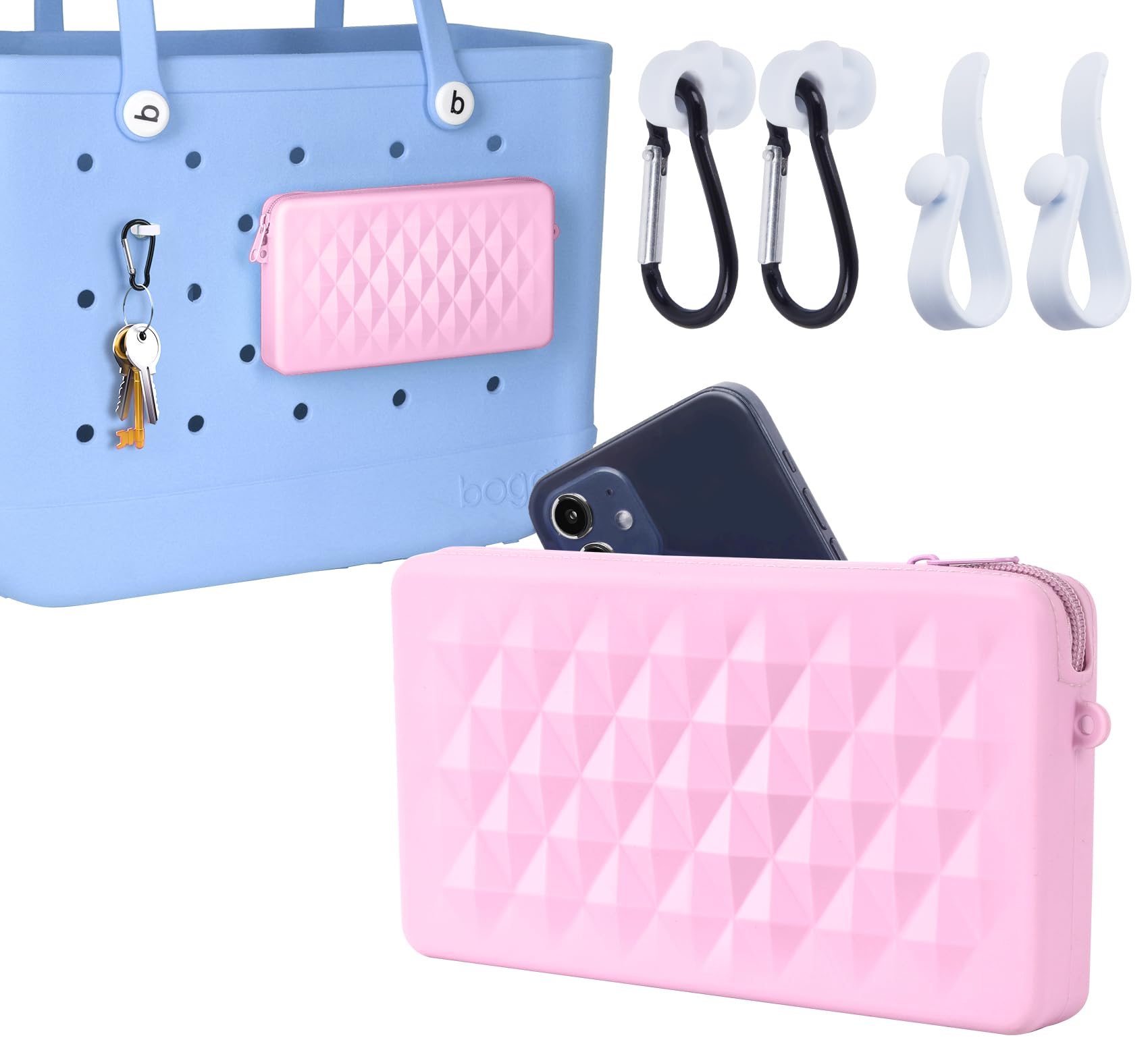 RaymallRaymall Silicone Pouch for Bogg Bag Accessories, Universal Cell Phone Holder for Bogg Bag, Zipper Pouch with 4 Hooks Compatible with Simple Modern Beach Tote XL/L Pink